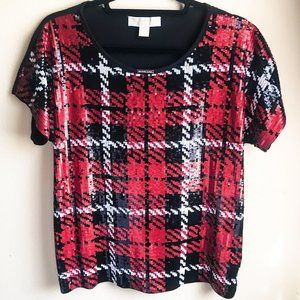 Michael Kors Sequin Red Black & White Top | Tartan Plaid Shirt | Festive Blouse